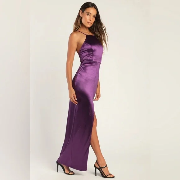 fitted lace wedding dress Phyllis Satin Halter Maxi Dress / Lilac | Meshki main image 1